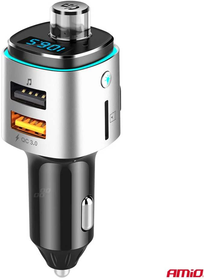 Automobilinis FM siųstuvas, 2×USB-A Micro SD 12V 24V AMIO-04654