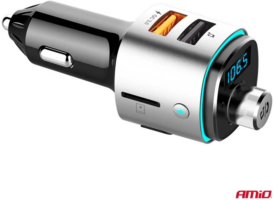 Automobilinis FM siųstuvas, 2×USB-A Micro SD 12V 24V AMIO-04654