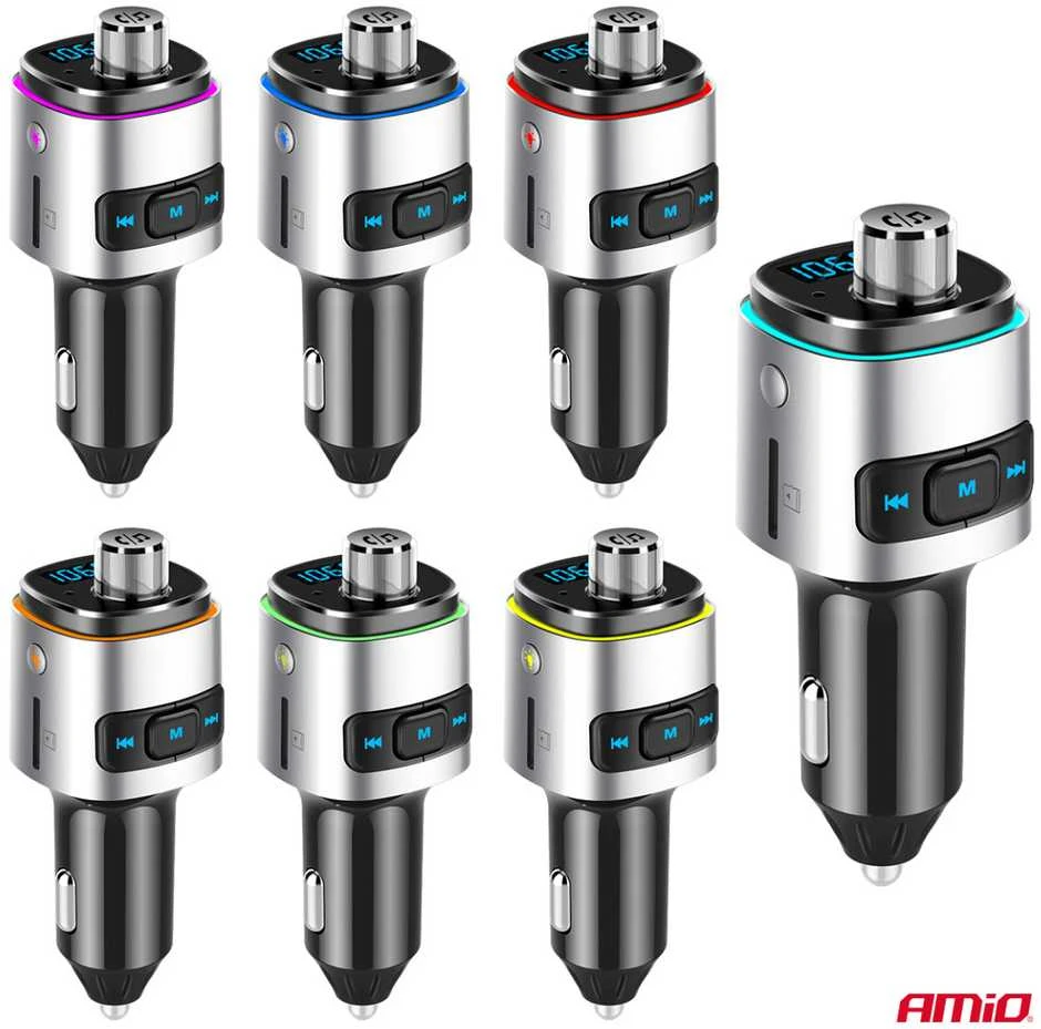Automobilinis FM siųstuvas, 2×USB-A Micro SD 12V 24V AMIO-04654