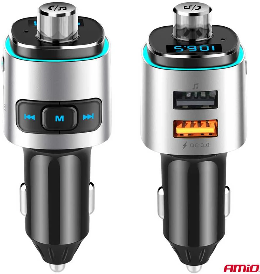 Automobilinis FM siųstuvas, 2×USB-A Micro SD 12V 24V AMIO-04654