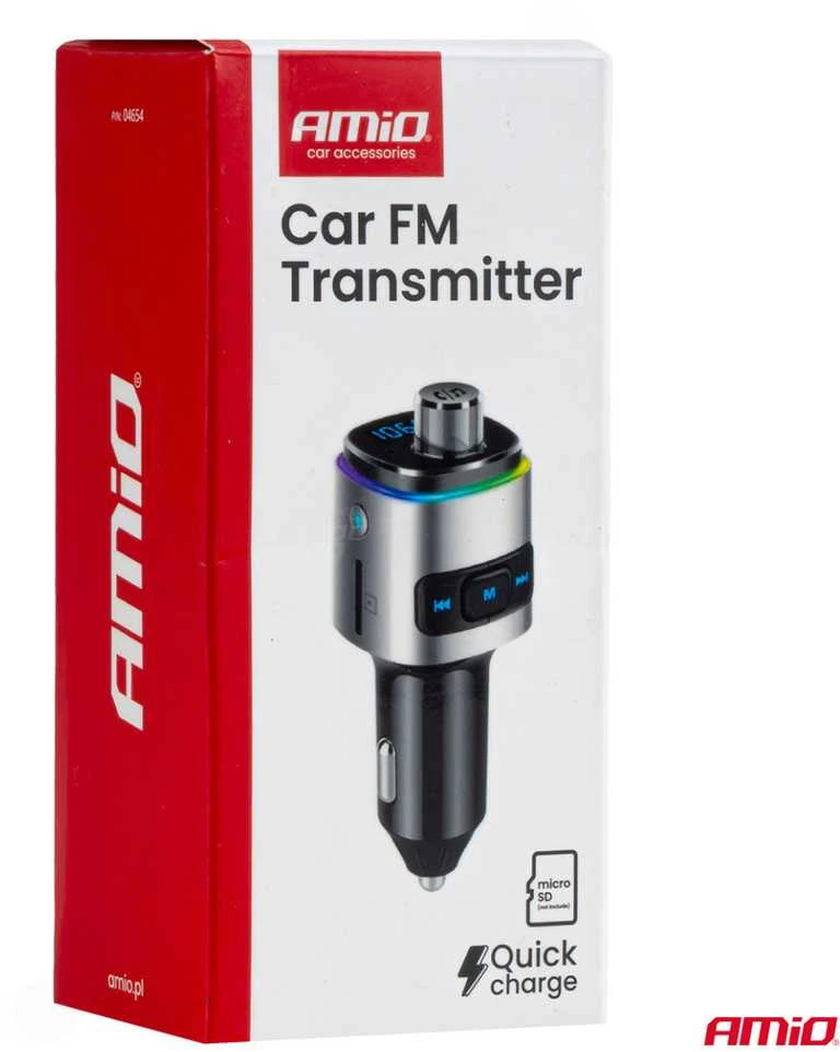 Automobilinis FM siųstuvas, 2×USB-A Micro SD 12V 24V AMIO-04654