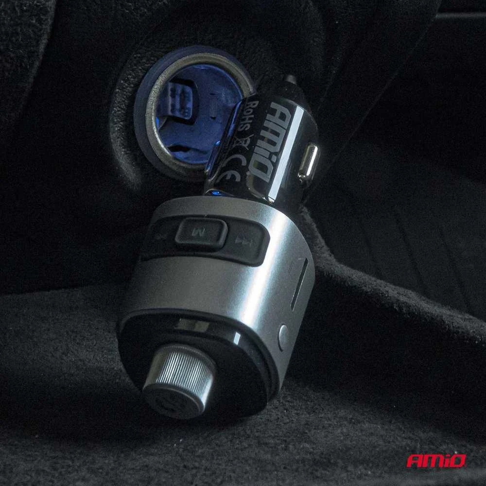 Automobilinis FM siųstuvas, 2×USB-A Micro SD 12V 24V AMIO-04654