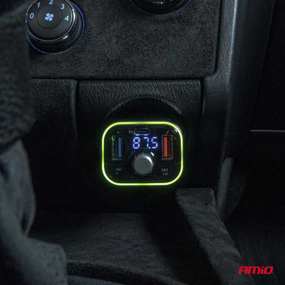 Automobilinis FM siųstuvas, FM 2×USB-A 1×USB-C Micro SD 12V 24V AMIO-04652