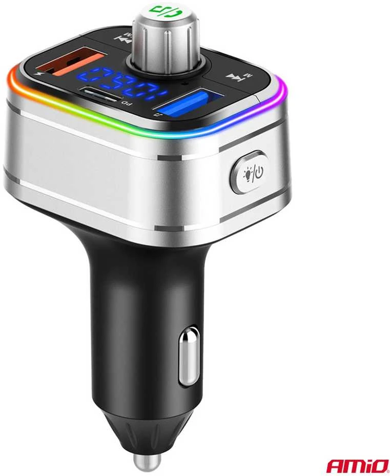 Automobilinis FM siųstuvas, FM 2×USB-A 1×USB-C Micro SD 12V 24V AMIO-04652