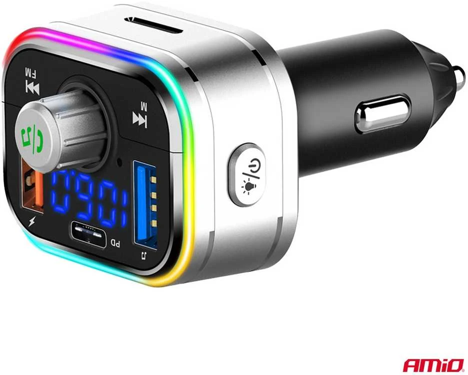 Automobilinis FM siųstuvas, FM 2×USB-A 1×USB-C Micro SD 12V 24V AMIO-04652