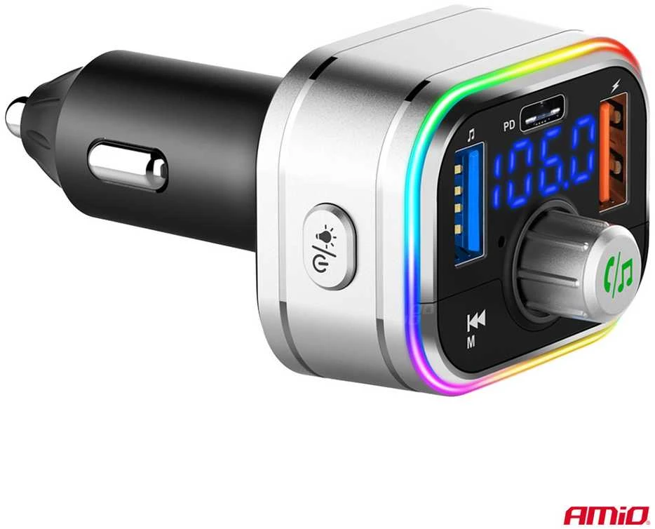 Automobilinis FM siųstuvas, FM 2×USB-A 1×USB-C Micro SD 12V 24V AMIO-04652
