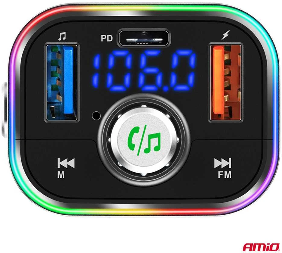 Automobilinis FM siųstuvas, FM 2×USB-A 1×USB-C Micro SD 12V 24V AMIO-04652