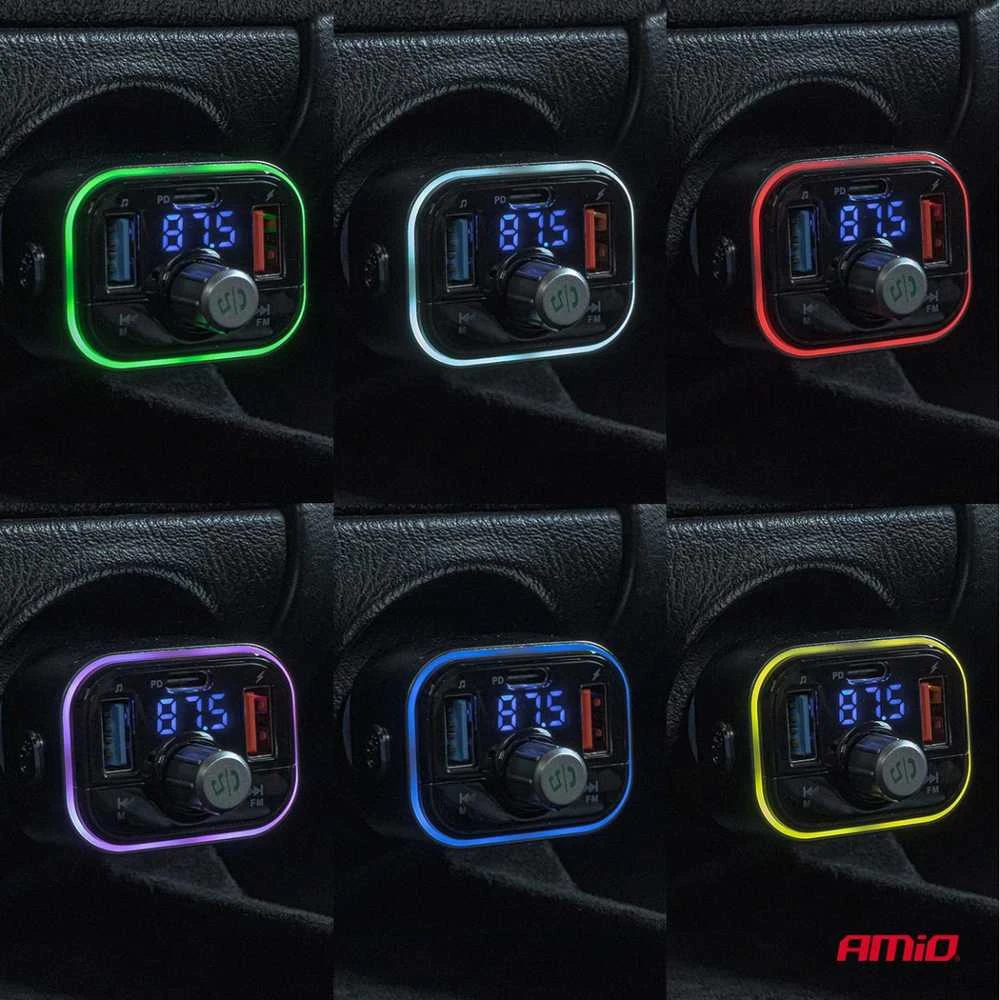 Automobilinis FM siųstuvas, FM 2×USB-A 1×USB-C Micro SD 12V 24V AMIO-04652