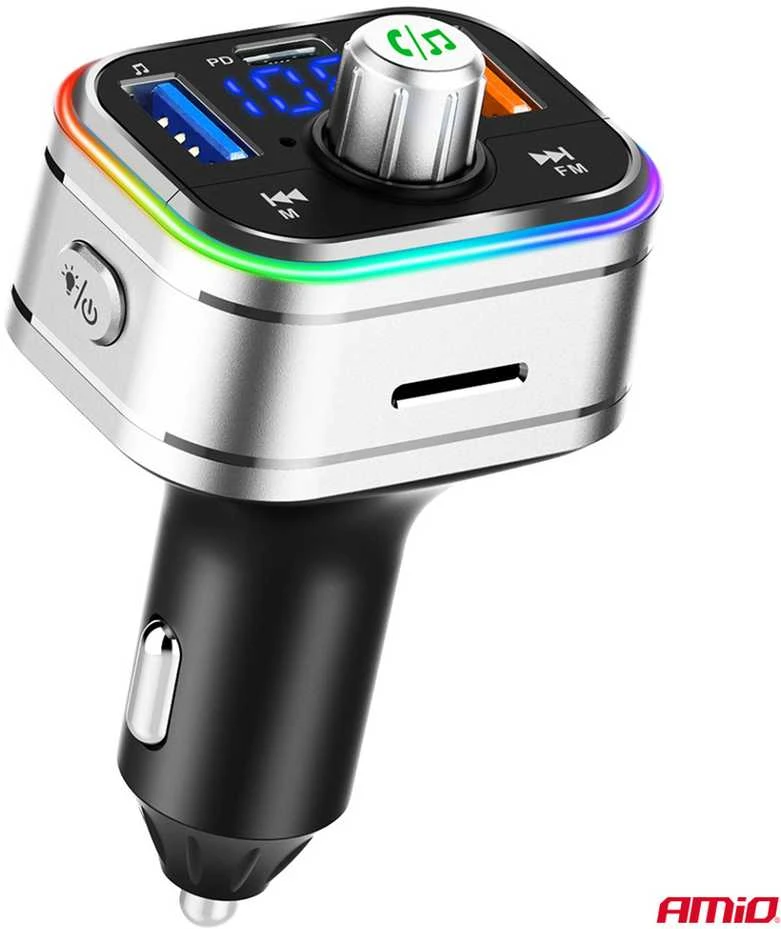 Automobilinis FM siųstuvas, FM 2×USB-A 1×USB-C Micro SD 12V 24V AMIO-04652