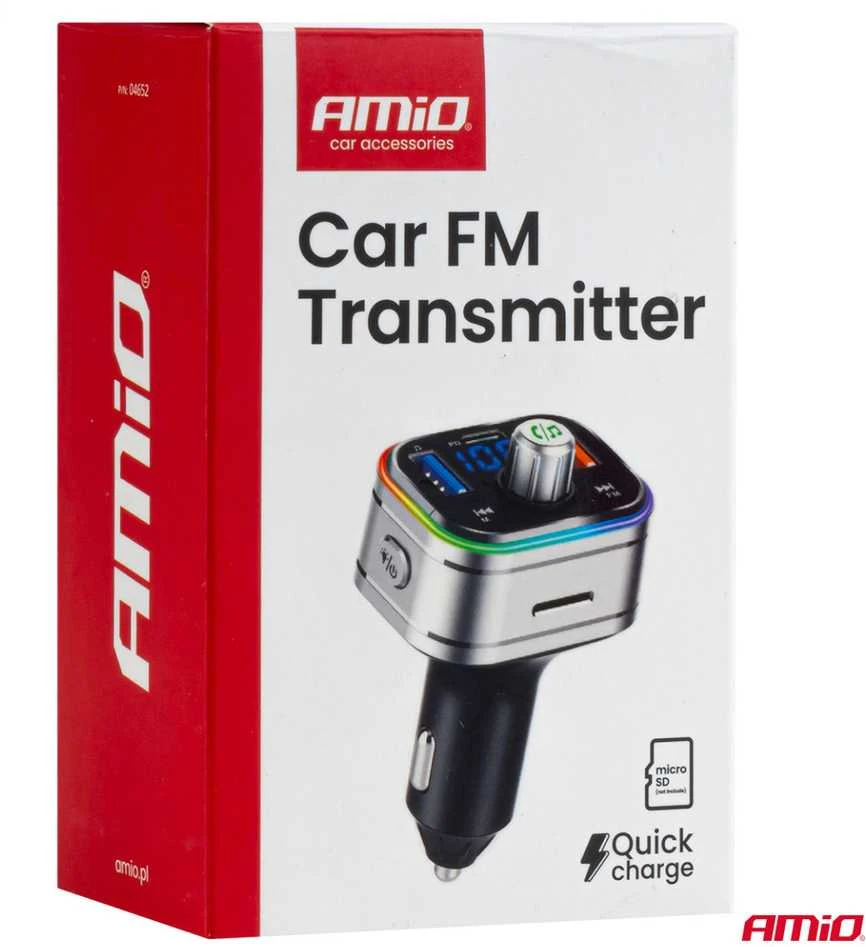 Automobilinis FM siųstuvas, FM 2×USB-A 1×USB-C Micro SD 12V 24V AMIO-04652
