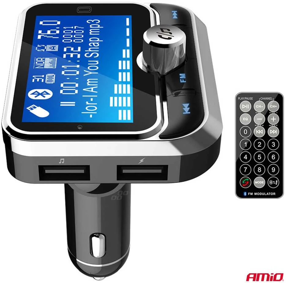 Automobilinis FM siųstuvas su pulteliu, 2×USB-A 12V 24V AMIO-04657