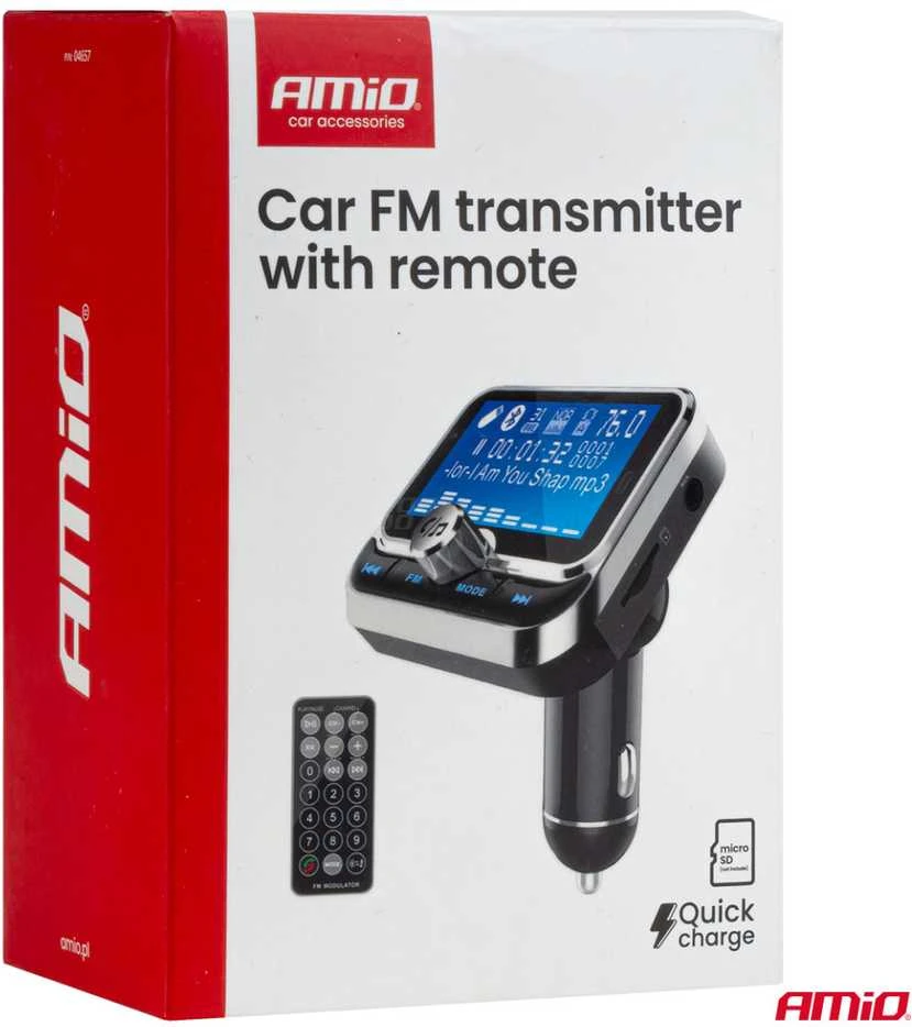 Automobilinis FM siųstuvas su pulteliu, 2×USB-A 12V 24V AMIO-04657