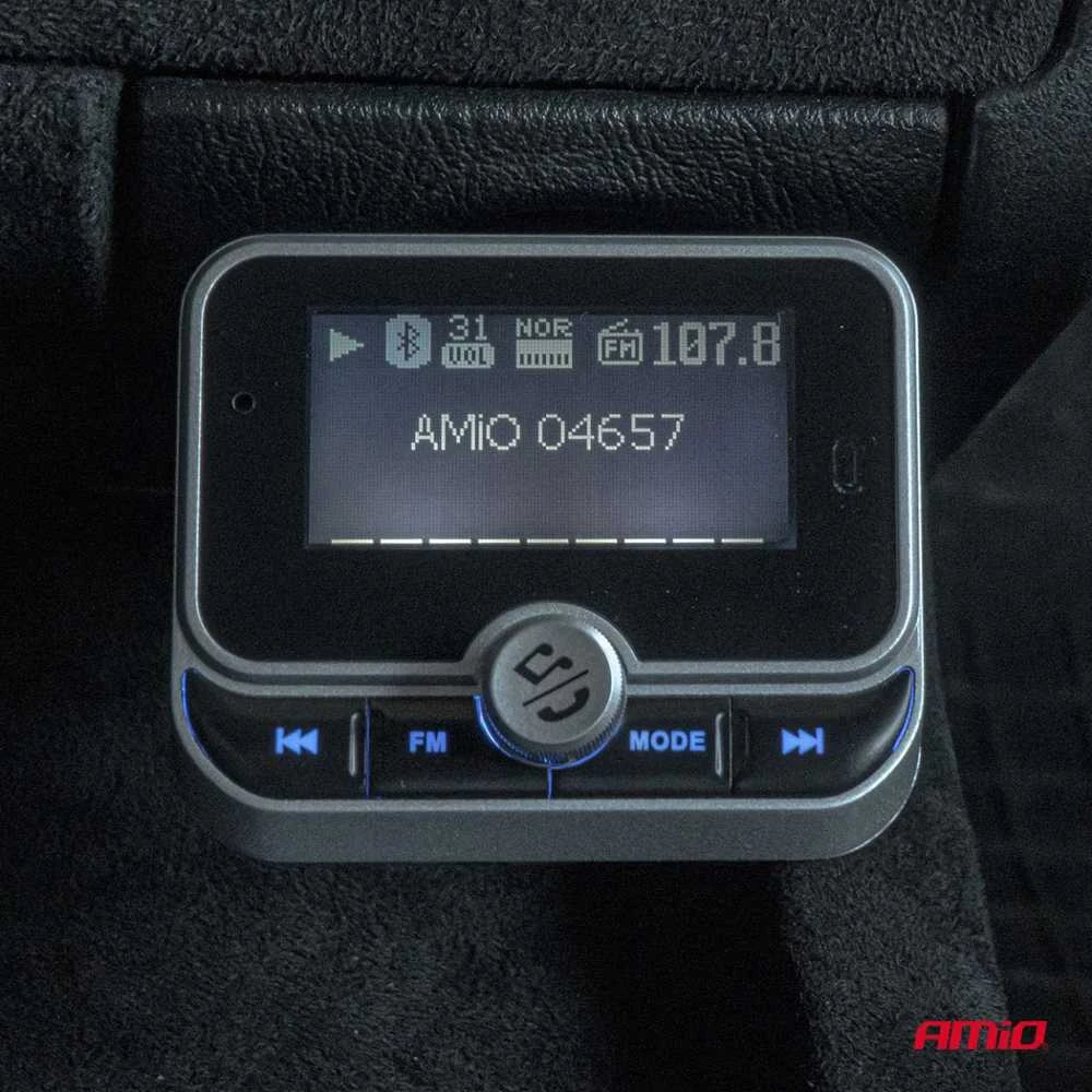 Automobilinis FM siųstuvas su pulteliu, 2×USB-A 12V 24V AMIO-04657