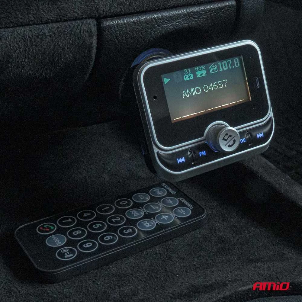 Automobilinis FM siųstuvas su pulteliu, 2×USB-A 12V 24V AMIO-04657