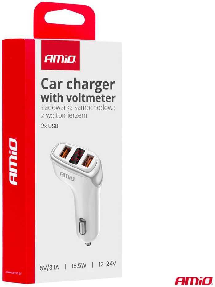Automobilinis įkroviklis 2x USB-A + battery check 3.1A 12/24V AMiO-03887