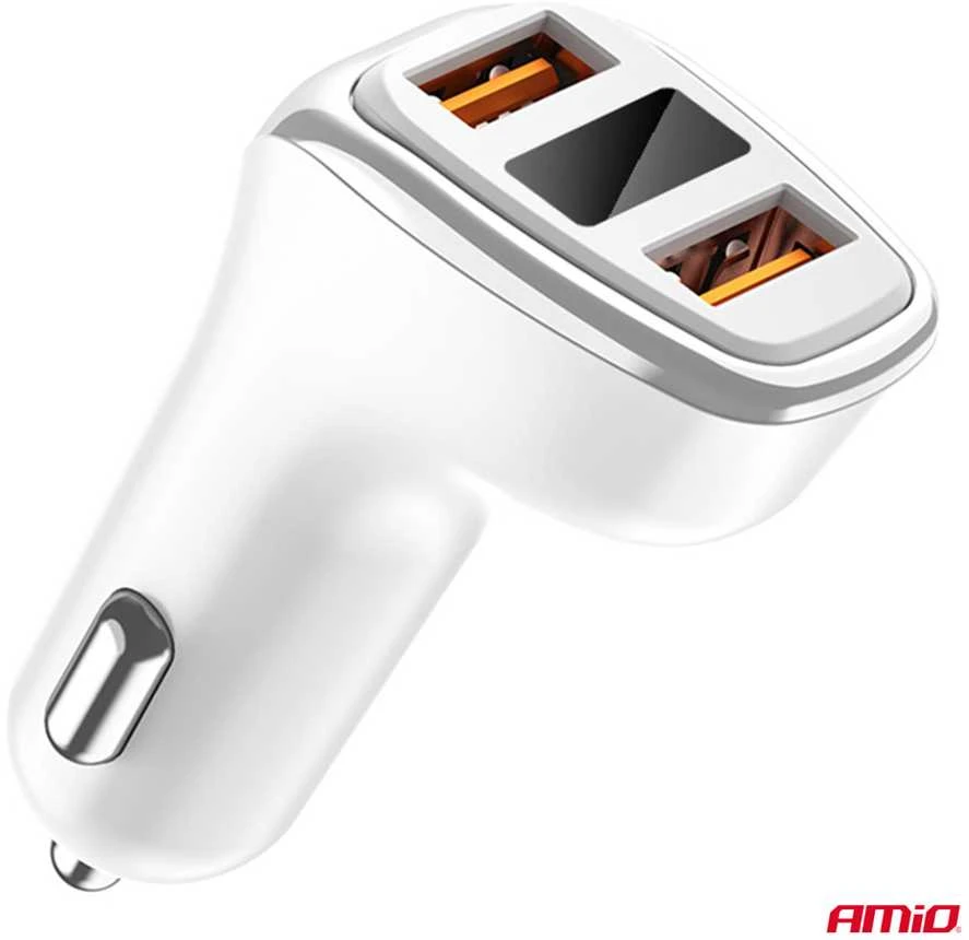 Automobilinis įkroviklis 2x USB-A + battery check 3.1A 12/24V AMiO-03887