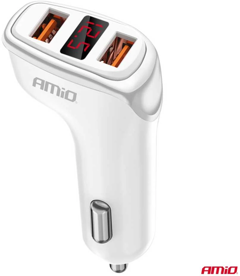 Automobilinis įkroviklis 2x USB-A + battery check 3.1A 12/24V AMiO-03887