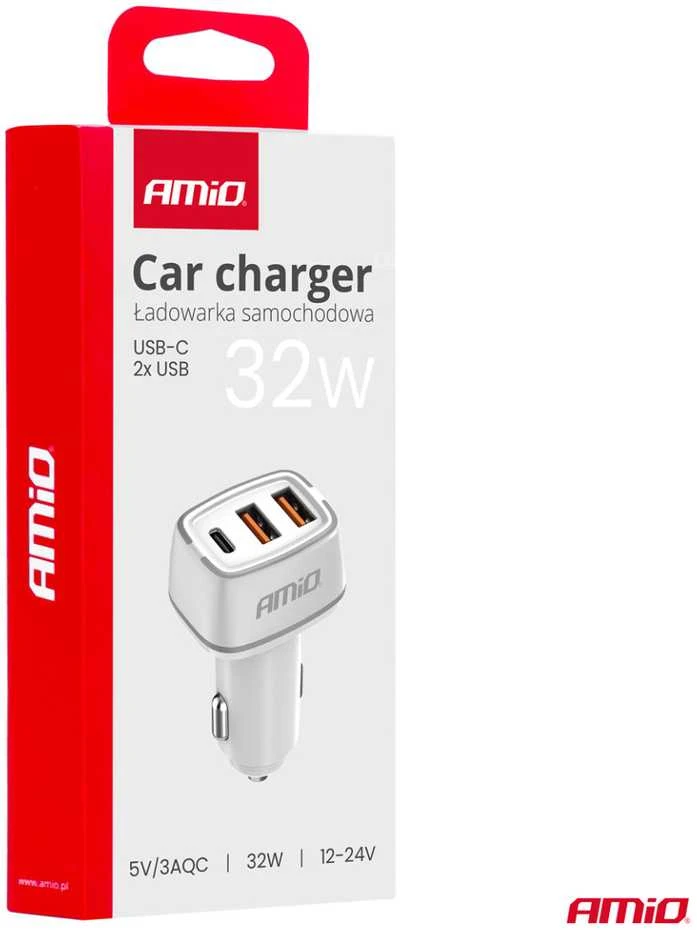 Automobilinis įkroviklis 2x USB-A + USB-C 32W 12/24V AMiO-03890