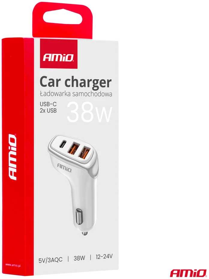 Automobilinis įkroviklis 2x USB-A + USB-C 38W 12/24V AMiO-03886