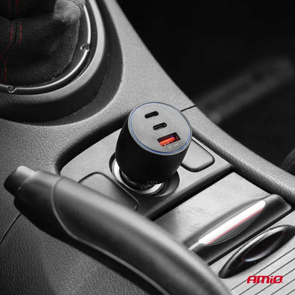 Automobilinis įkroviklis 2x USB-C + USB-A 12/24V 100W AMIO-04371