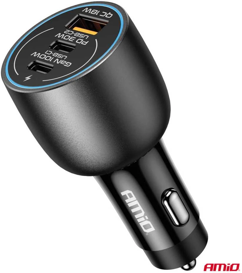 Automobilinis įkroviklis 2x USB-C + USB-A 12/24V 100W AMIO-04371