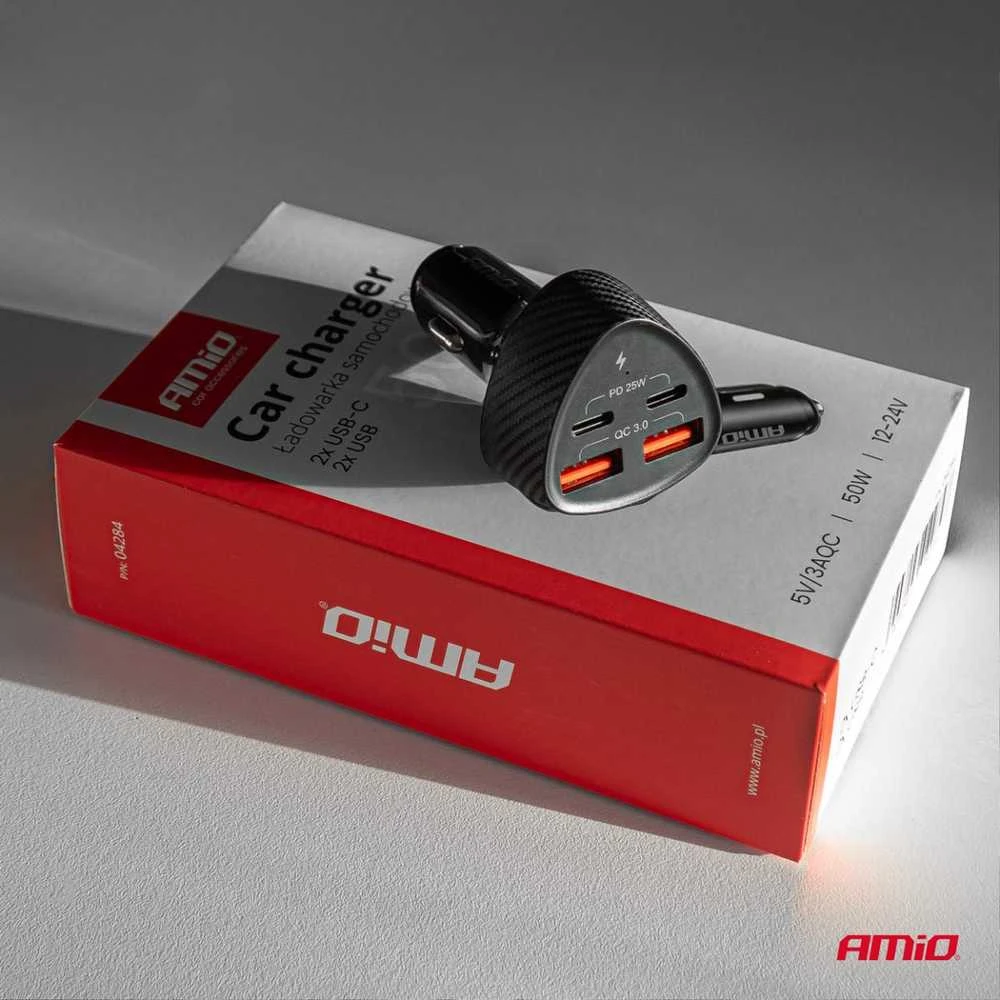 Automobilinis įkroviklis 50W 2xUSB-A + 2xUSB-C AMIO-04284