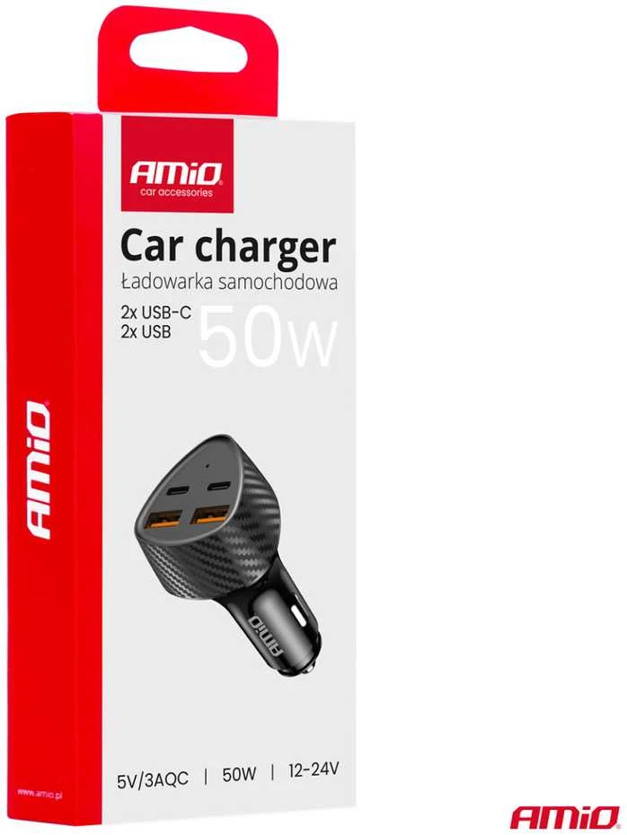 Automobilinis įkroviklis 50W 2xUSB-A + 2xUSB-C AMIO-04284