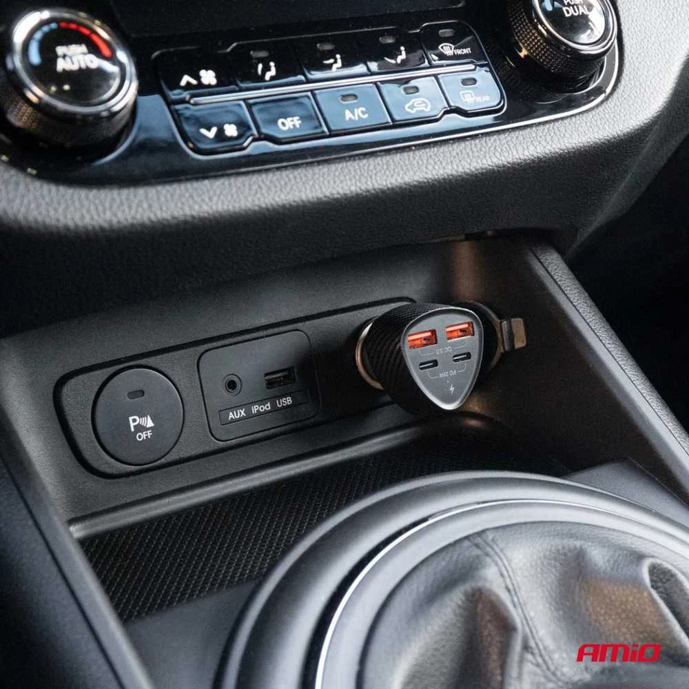 Automobilinis įkroviklis 50W 2xUSB-A + 2xUSB-C AMIO-04284