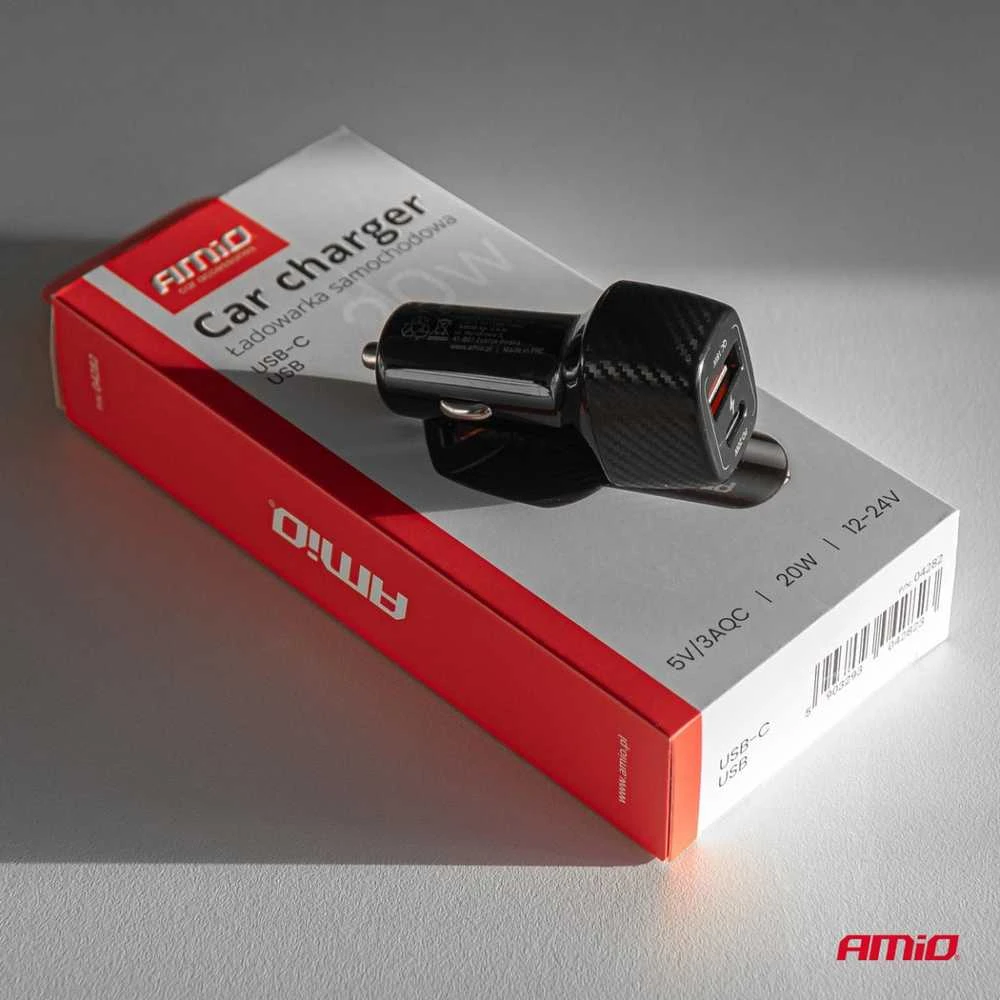 Automobilinis įkroviklis QC+PD 20W USB-A + USB-C AMIO-04282