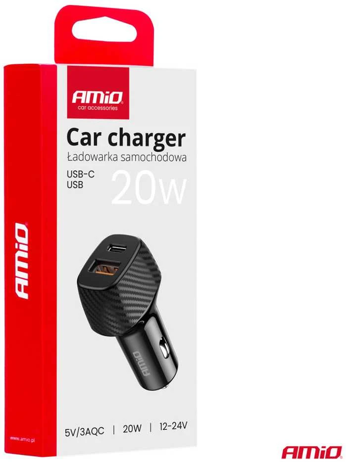 Automobilinis įkroviklis QC+PD 20W USB-A + USB-C AMIO-04282