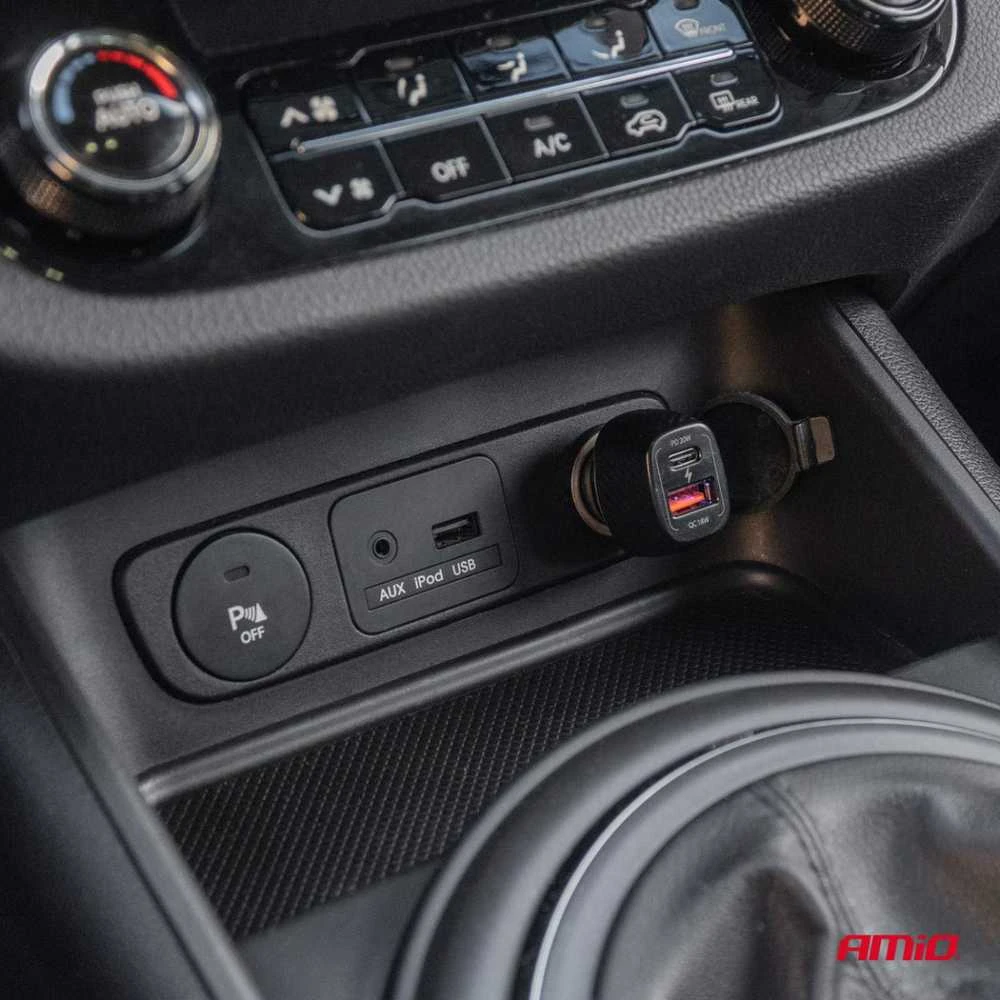 Automobilinis įkroviklis QC+PD 20W USB-A + USB-C AMIO-04282