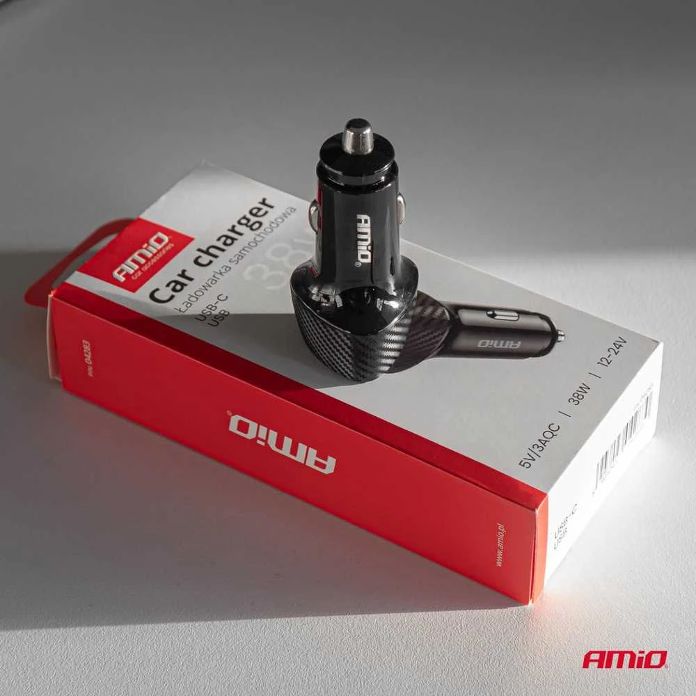 Automobilinis įkroviklis QC+PD 38W USB-A + USB-C AMIO-04283