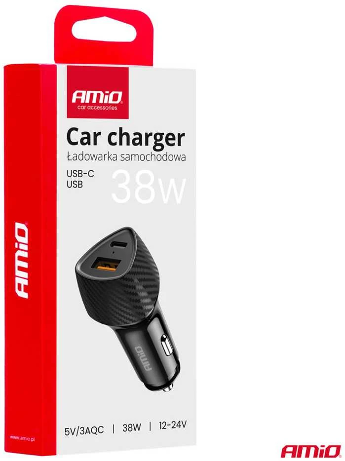 Automobilinis įkroviklis QC+PD 38W USB-A + USB-C AMIO-04283