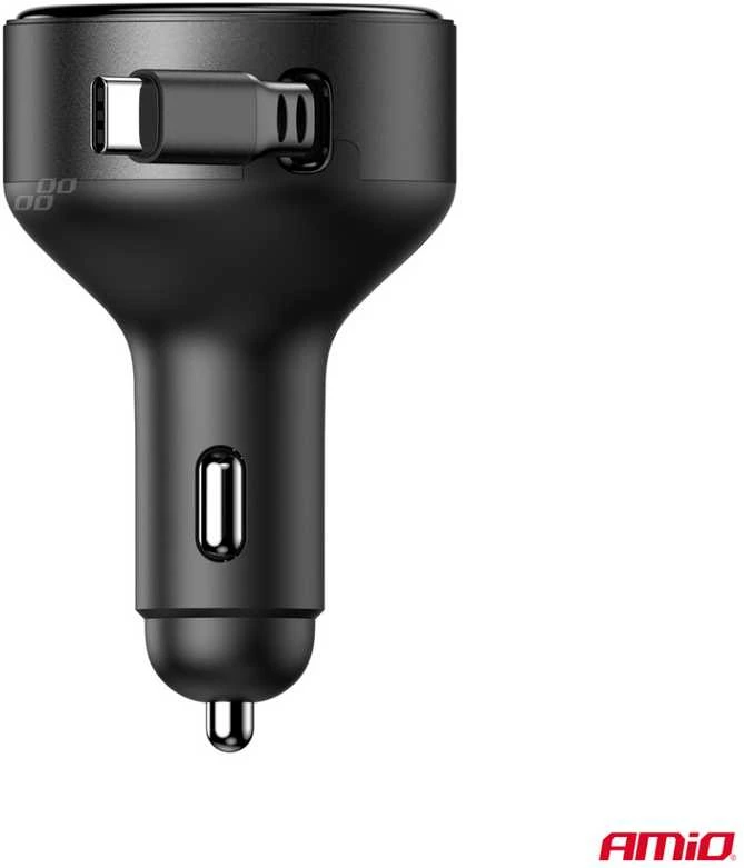 Automobilinis įkroviklis su ištraukiamu C kabeliu ir USB-C 12/24V 60W AMIO-04368