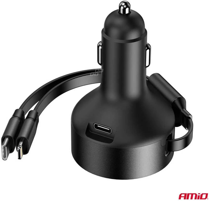 Automobilinis įkroviklis su ištraukiamu C kabeliu, Lightning ir USB-C 12/24V 60W AMIO-04370