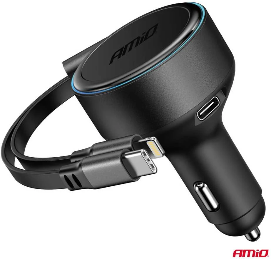 Automobilinis įkroviklis su ištraukiamu C kabeliu, Lightning ir USB-C 12/24V 60W AMIO-04370