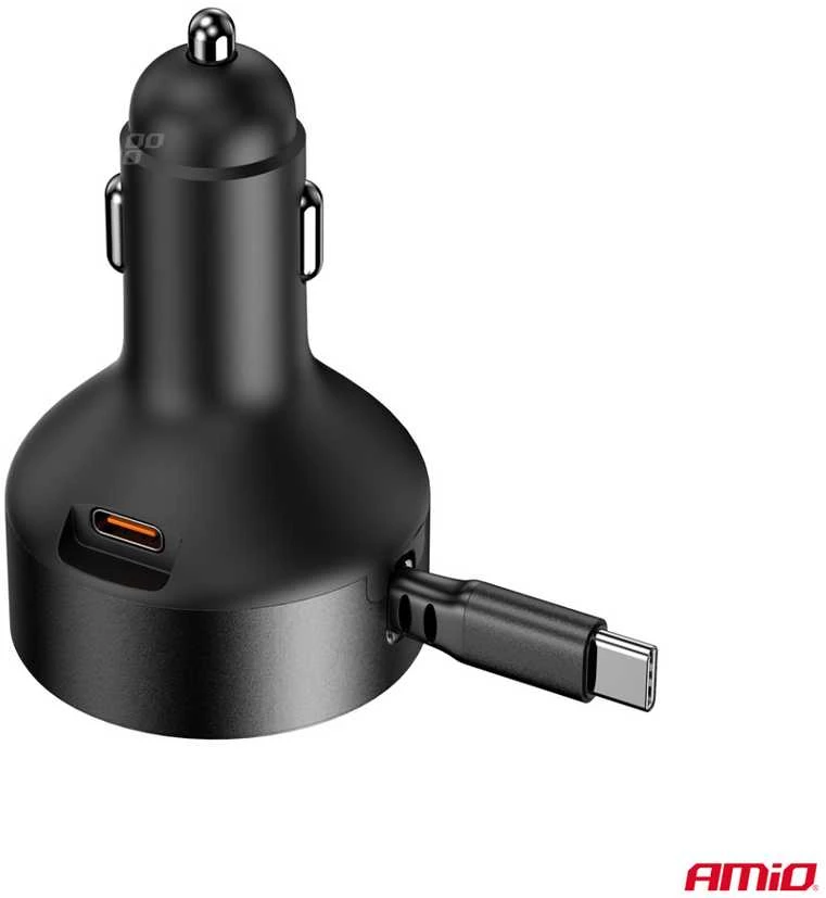 Automobilinis įkroviklis su ištraukiamu C kabeliu ir USB-C 12/24V 60W AMIO-04368