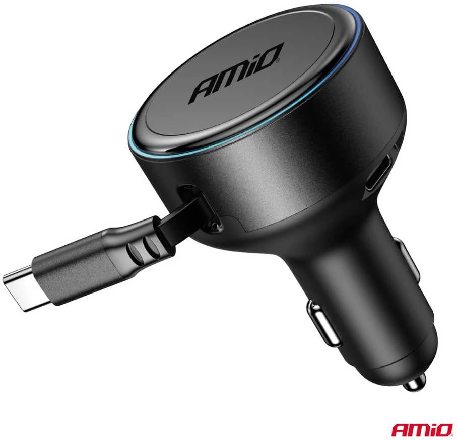 Automobilinis įkroviklis su ištraukiamu C kabeliu ir USB-C 12/24V 60W AMIO-04368