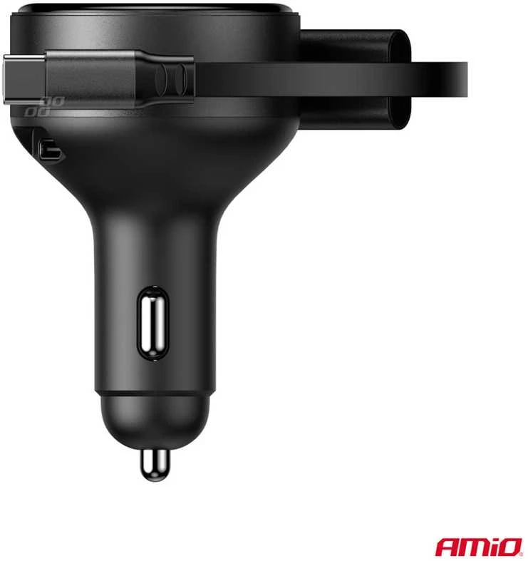 Automobilinis įkroviklis su ištraukiamu C kabeliu, Lightning ir USB-C 12/24V 60W AMIO-04370