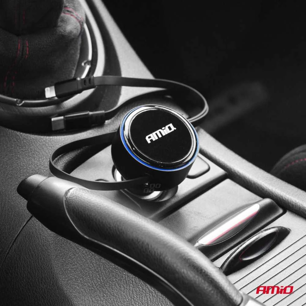 Automobilinis įkroviklis su ištraukiamu C kabeliu, Lightning ir USB-C 12/24V 60W AMIO-04370