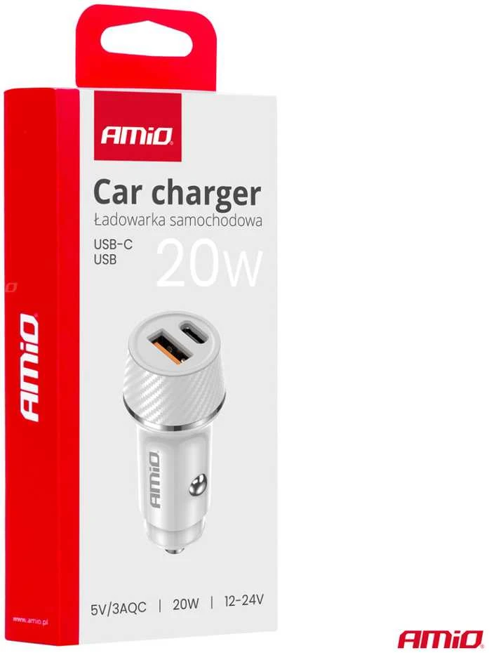 Automobilinis įkroviklis USB-A + USB-C 20W 12/24V AMiO-03878