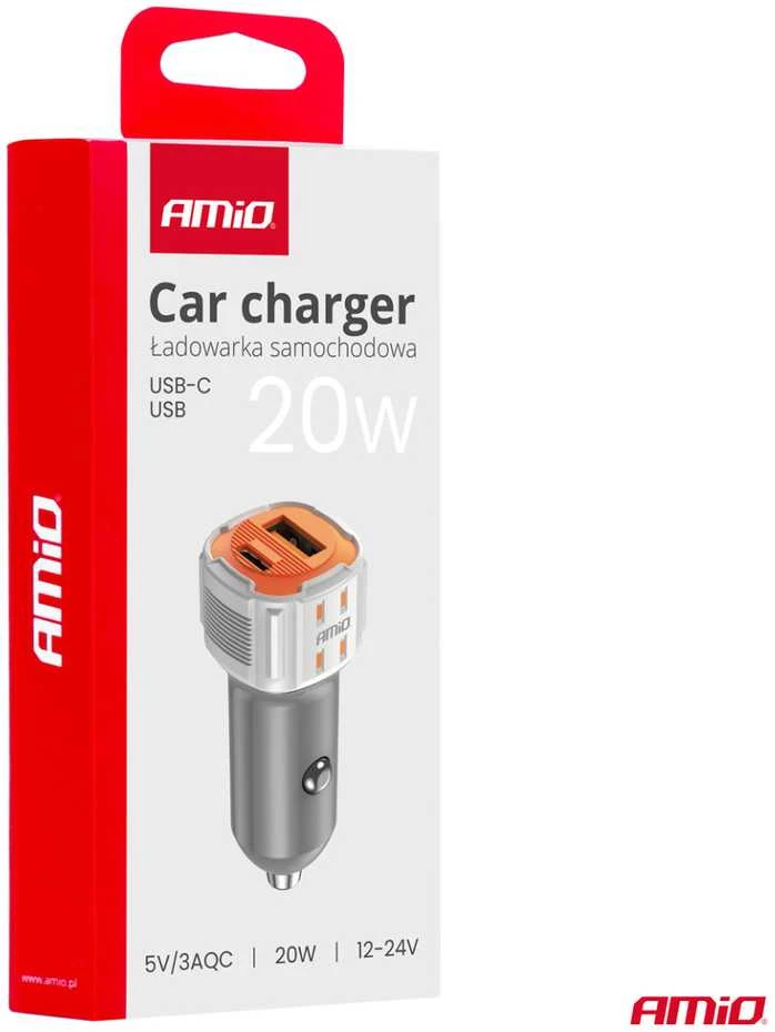 Automobilinis įkroviklis USB-A + USB-C 20W 12/24V AMiO-03882