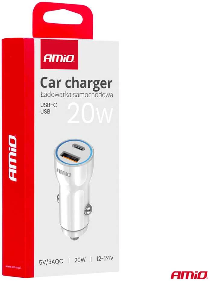 Automobilinis įkroviklis USB-A + USB-C 20W 12/24V AMiO-03881