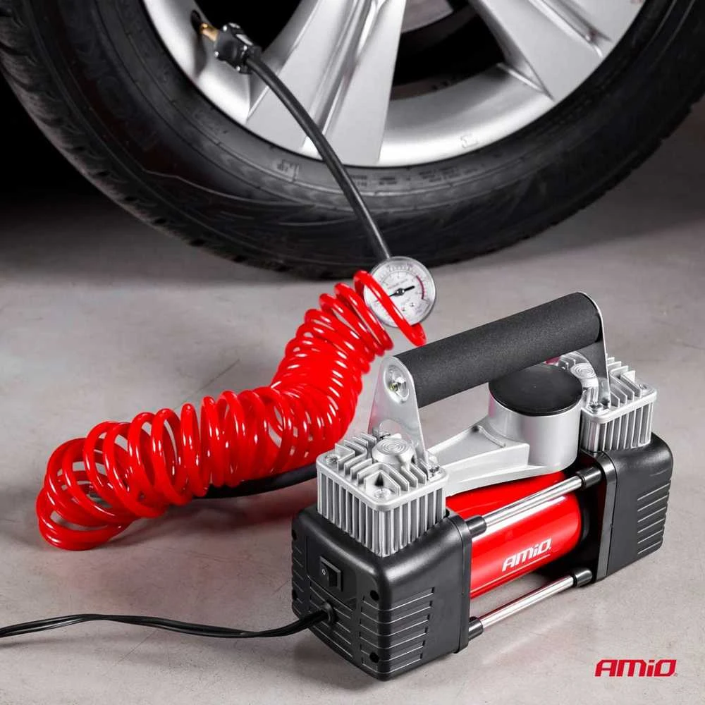 Amio metalinis dviejų stūmoklių kompresorius su manometru 12V