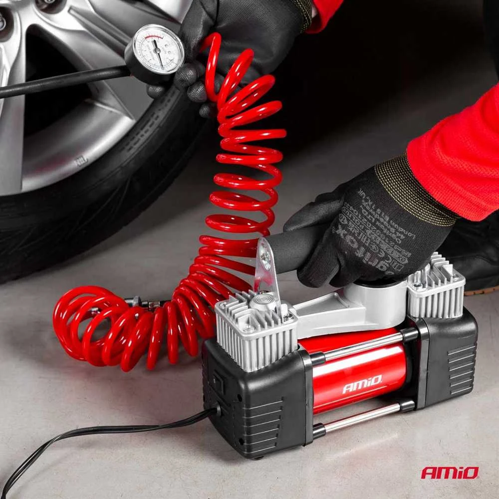Amio metalinis dviejų stūmoklių kompresorius su manometru 12V