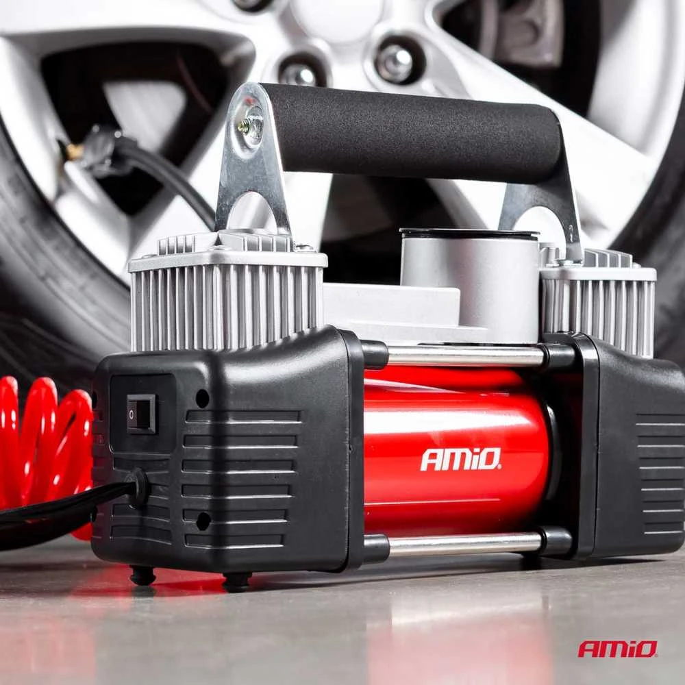 Amio metalinis dviejų stūmoklių kompresorius su manometru 12V