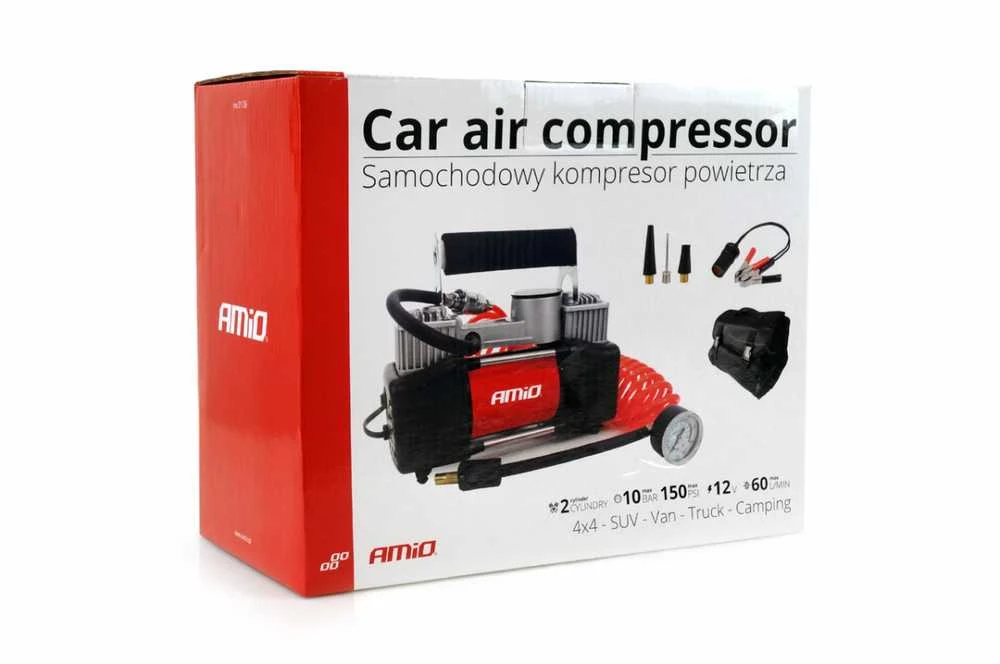 Amio metalinis dviejų stūmoklių kompresorius su manometru 12V