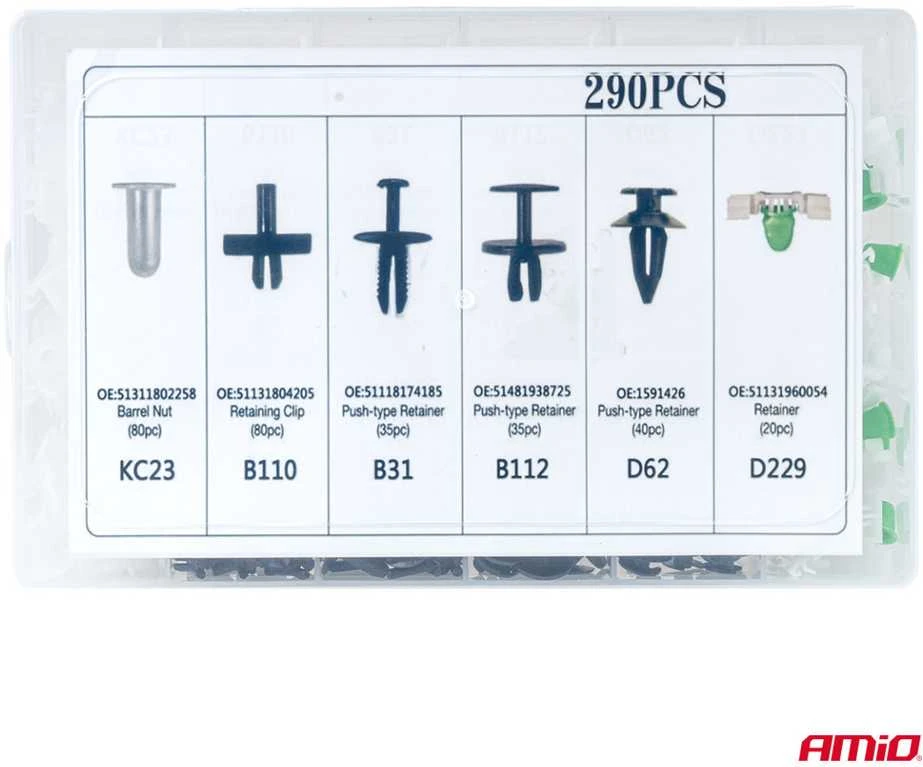 Automobilinių tvirtinimo kaiščių ir segtukų rinkinys, 290 vnt. AMIO-04742