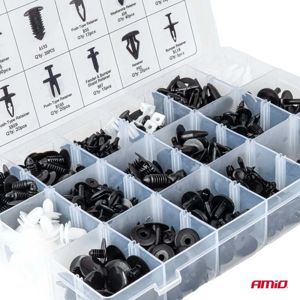 Automobilinių tvirtinimo kaiščių ir segtukų rinkinys, 415 vnt. AMIO-04738