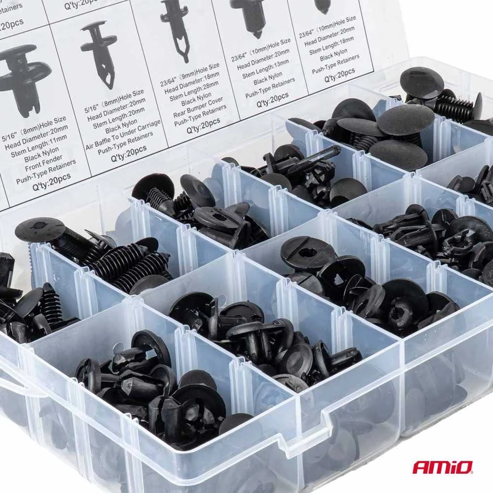 Automobilinių tvirtinimo kaiščių ir segtukų rinkinys, 240 vnt. AMIO-04737